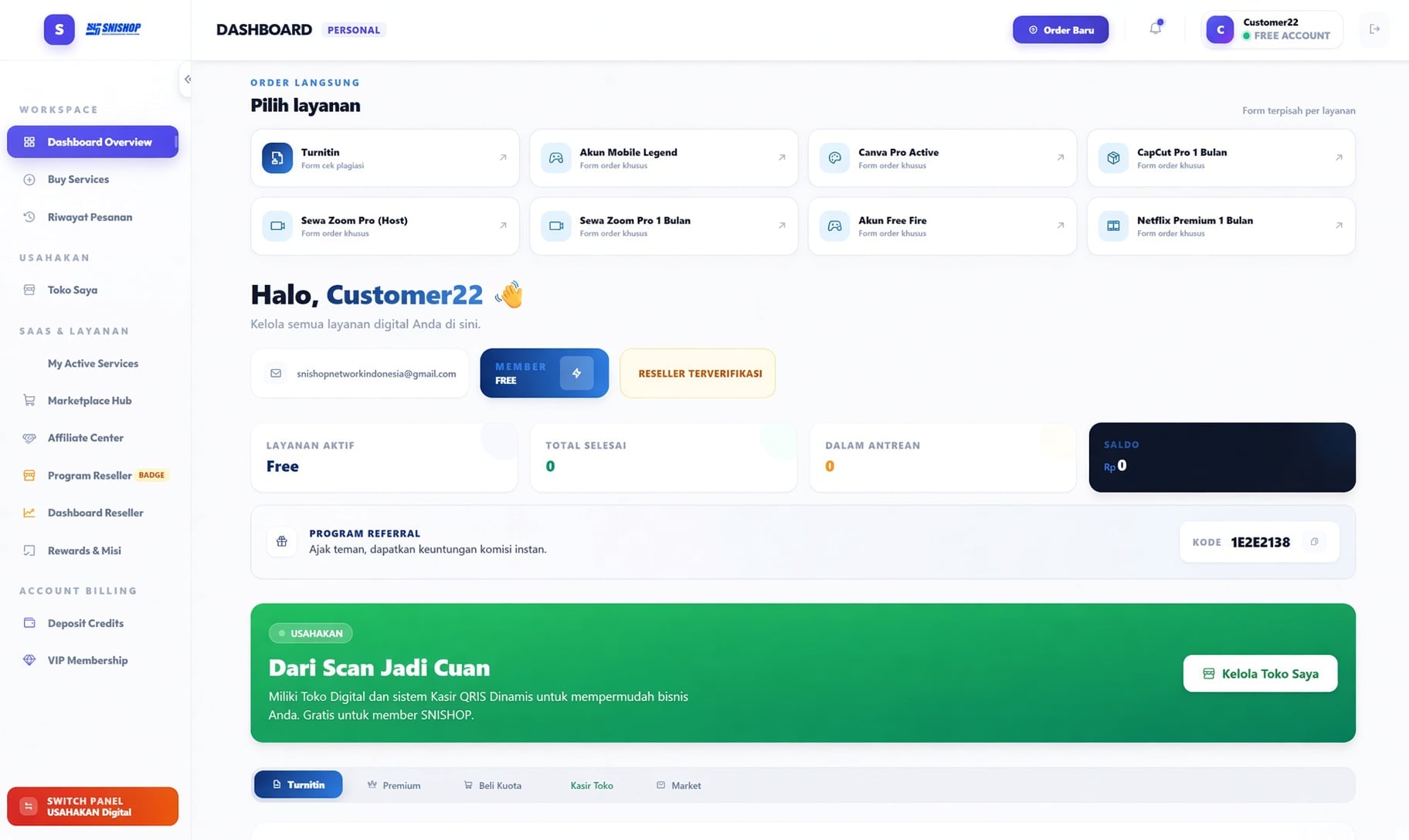 SNISHOP Dashboard Reseller